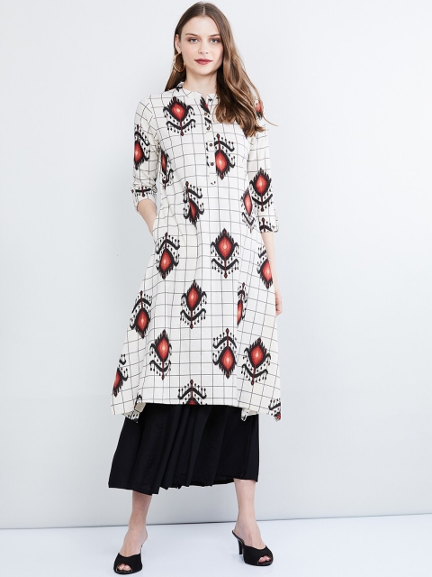 max Women White & Black Printed Straight Kurta