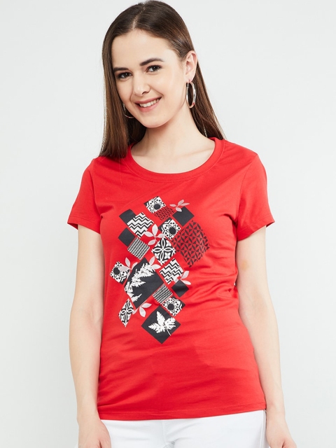 

max Women Coral Red Printed Round Neck T-shirt