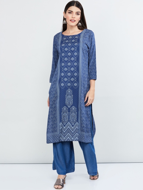 

max Women Blue Printed Straight Kurta