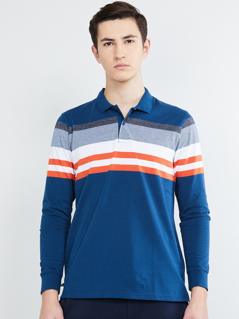 

max Men Blue Striped Polo Collar T-shirt
