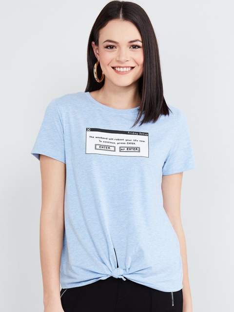 

max Women Blue Printed Boat Neck T-shirt