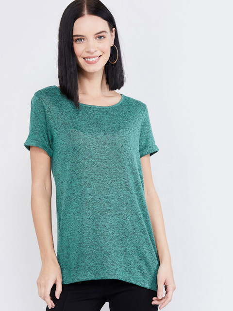 

max Women Green Solid Round Neck T-shirt