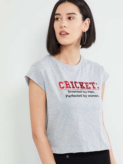 

max Women Grey Printed Round Neck T-shirt