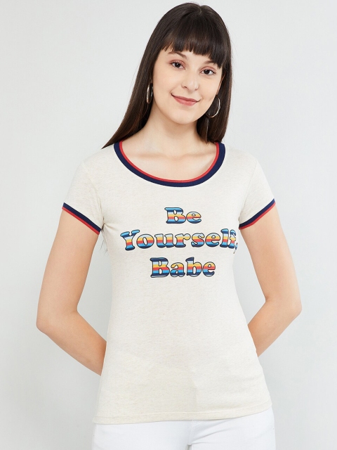 

max Women Beige Printed Round Neck T-shirt