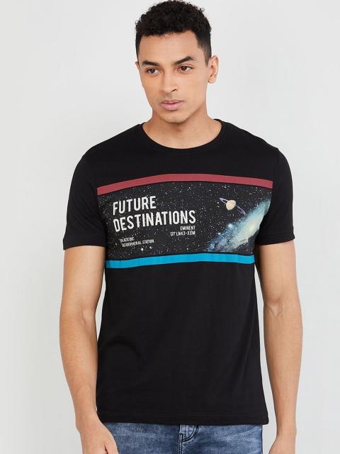 

max Men Black Printed Round Neck T-shirt
