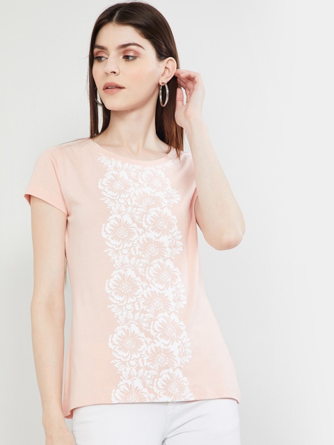 

max Women Pink 7 White Floral Patterned Round Neck T-shirt