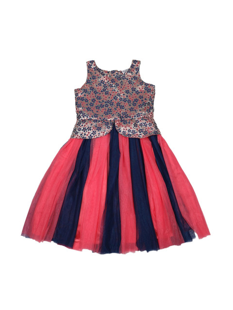

Doodle Girls Pink & Navy Blue Striped Floral Printed A-Line Dress