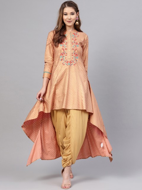 

Juniper Women Dusty Pink & Golden Striped High-Low A-Line Kurta