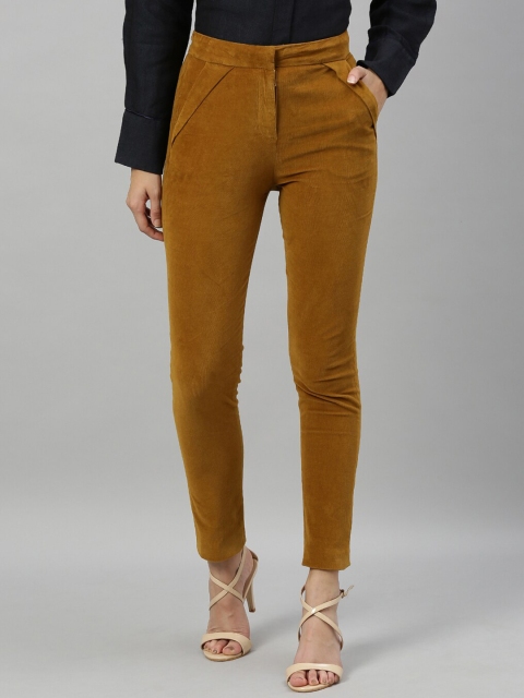 

RAREISM Women Mustard Brown Slim Fit Solid Regular Trousers