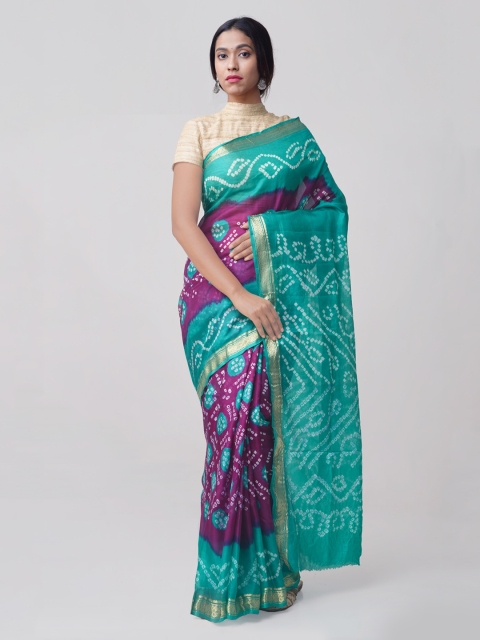 

Unnati Silks Purple & Sea Green Pure Silk Printed Bandhani Saree