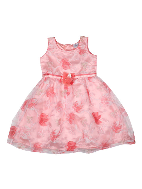 

Doodle Girls Coral Pink & Grey Floral Printed A-Line Dress