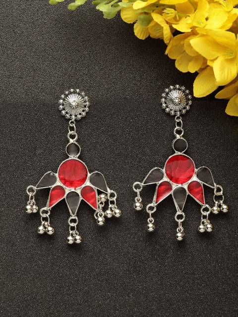 

Infuzze Red & Silver-Plated Geometric Drop Earrings