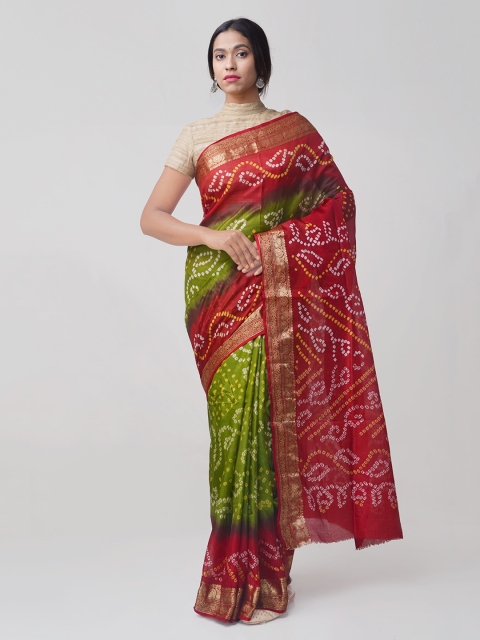 

Unnati Silks Green & Red Pure Silk Woven Design Bandhani Saree