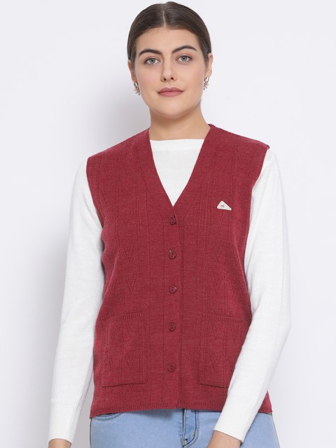 

Monte Carlo Women Maroon Self Design Cardigan Sweater