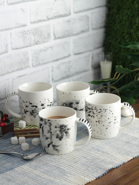 

House Of Accessories White & Black 4 Pcs Printed Ceramic Mugs Set