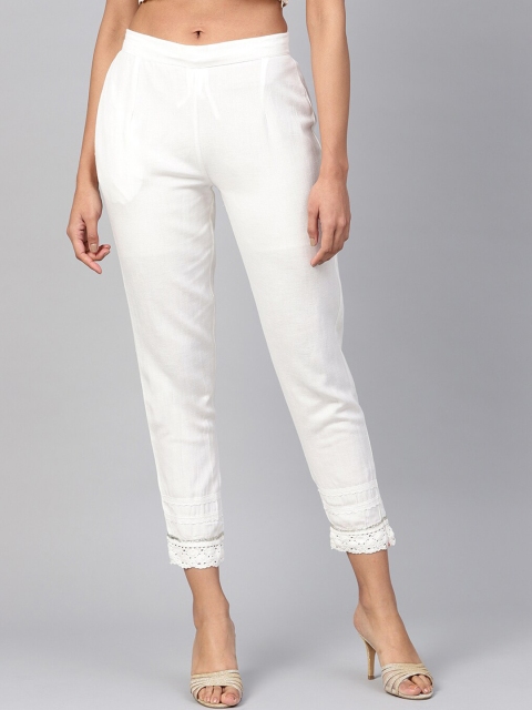 

Juniper Women White Urban Slim Fit Solid Cropped Cigarette Trousers