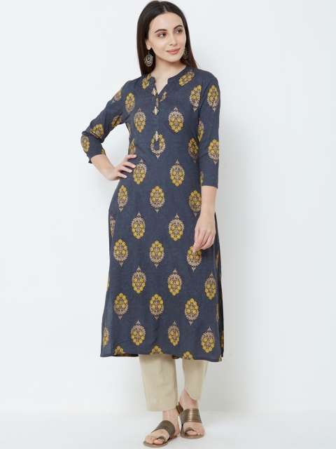 

FASHOR Women Grey & Yellow Printed Straight Kurta