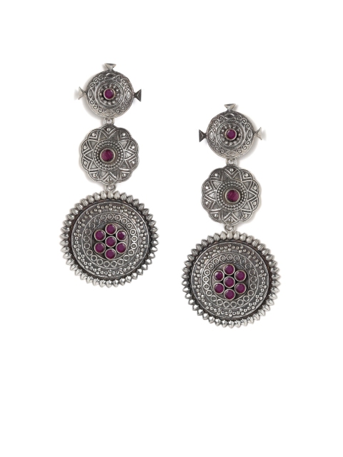 Rubans Silver-Plated & Pink Circular Drop Earrings