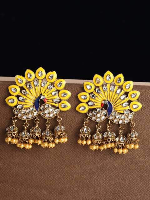 

ANIKAS CREATION Yellow & Gold-Plated Peacock Shaped Drop Earrings