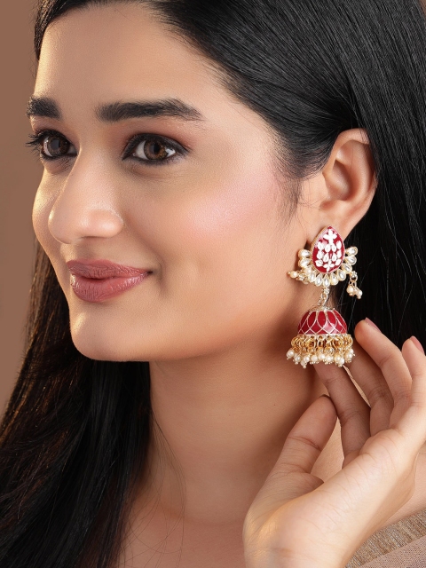 

Rubans Gold-Plated & Red Dome Shaped Jhumkas