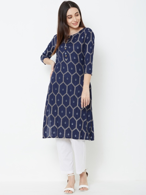 

FASHOR Women Navy Blue Printed A-Line Kurta