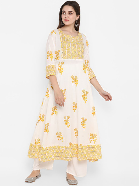 

ZOEYAMS Women White & Yellow Embellished Anarkali Kurta