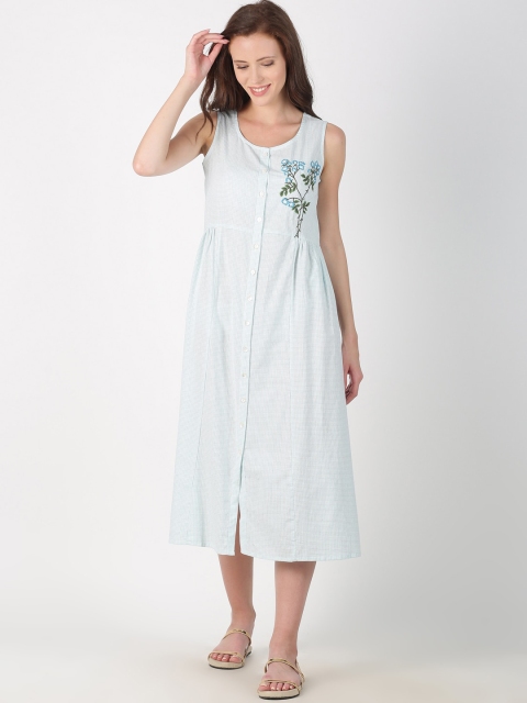

Saffron Threads Women Blue & White Checked Fit and Flare Dress