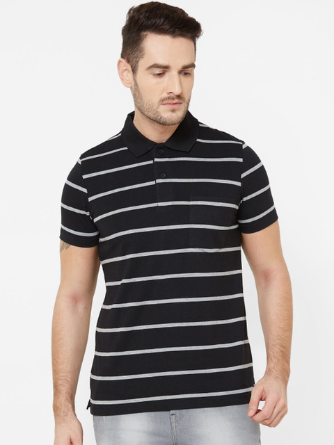

Sweet Dreams Men Black & White Striped Polo Collar T-shirt