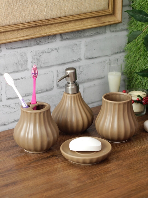 

House Of Accessories Brown Textured Ceramic Four Piece Bathroom Accessories Set