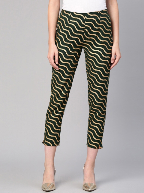 

Juniper Women Green & Golden Urban Slim Fit Wave Striped Cropped Cigarette Trousers