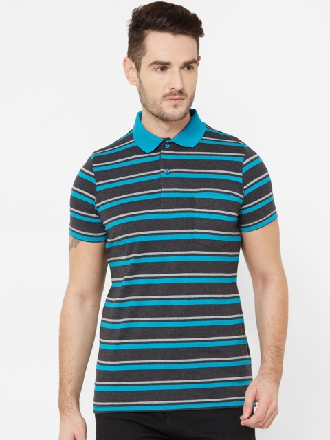 

Sweet Dreams Men Grey & Blue Striped Polo Collar T-shirt