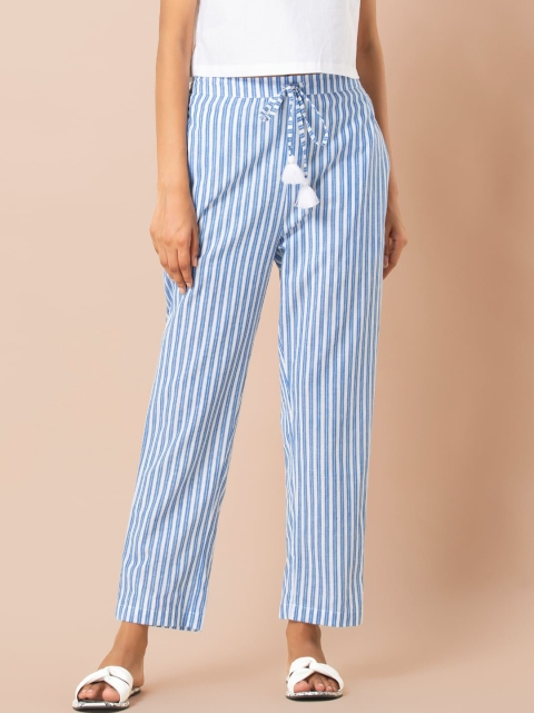 

INDYA Women Blue & White Regular Fit Striped Parallel Trousers