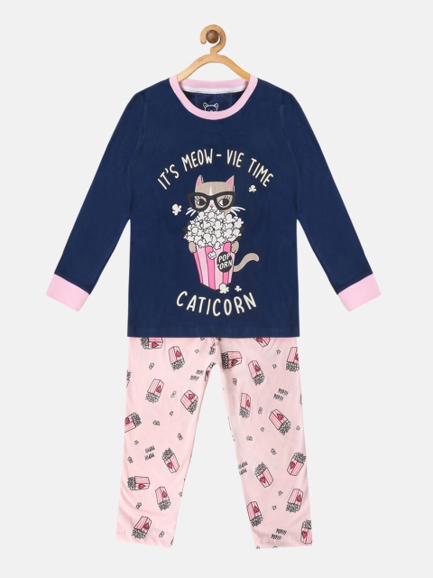 

Lazy Shark Girls Navy Blue & Pink Printed Night suit