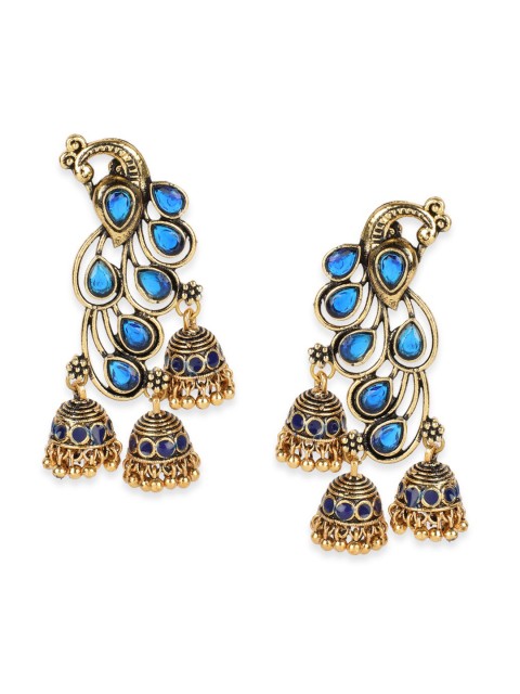 

ANIKAS CREATION Blue & Gold-Plated Antique Peacock Shaped Jhumkas