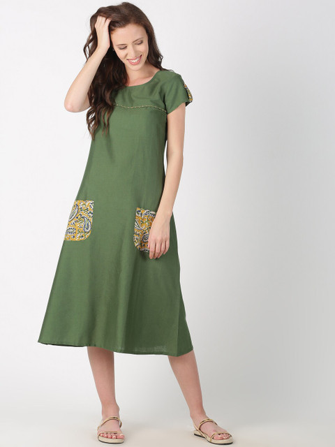 

Saffron Threads Women Green Solid A-Line Dress