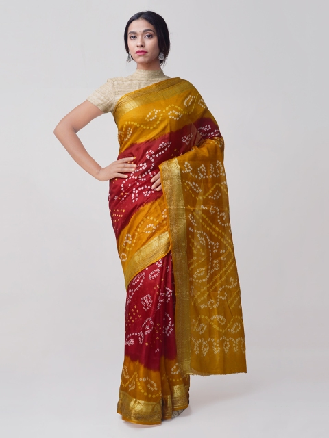 

Unnati Silks Maroon & Mustard Pure Silk Woven Design Bandhani Saree