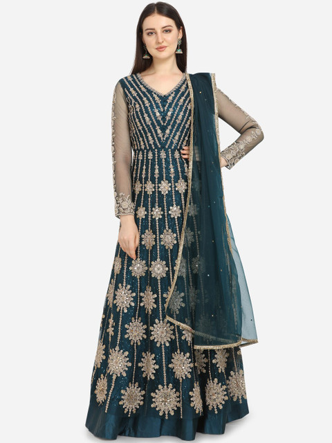 

Stylee LIFESTYLE Teal Net Semi-Stitched Embroidered Dress Material