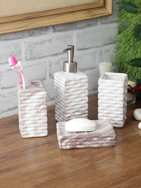 

House Of Accessories Set Of 4 White & Brown Marble Textured Ceramic Bathroom Accessories