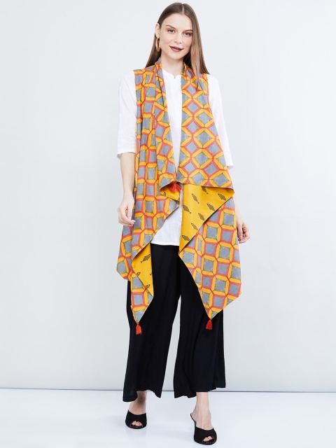 

max Women Mustard Yellow & Grey Printed Reversible Open Front Jacket