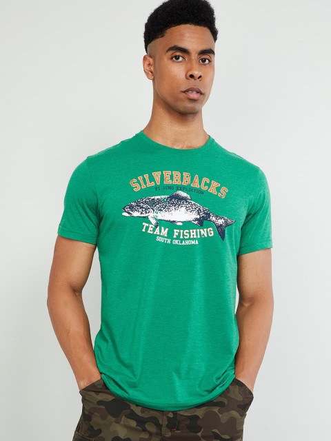 

max Men Green Printed Round Neck T-shirt