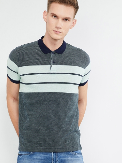 max Men Blue & Green Striped Polo Collar T-shirt