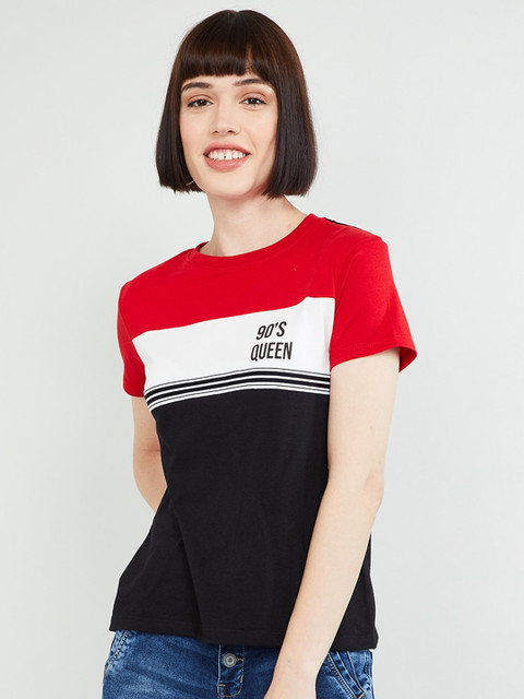 

max Women Black & Red Colourblocked Round Neck T-shirt