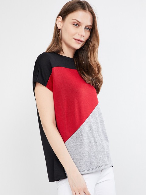 

max Women Red & Black Colourblocked Round Neck T-shirt