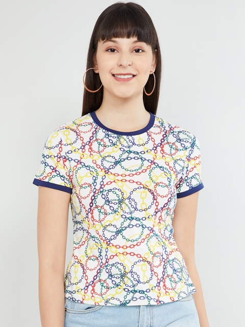

max Women Off-White & Blue Printed Round Neck T-shirt