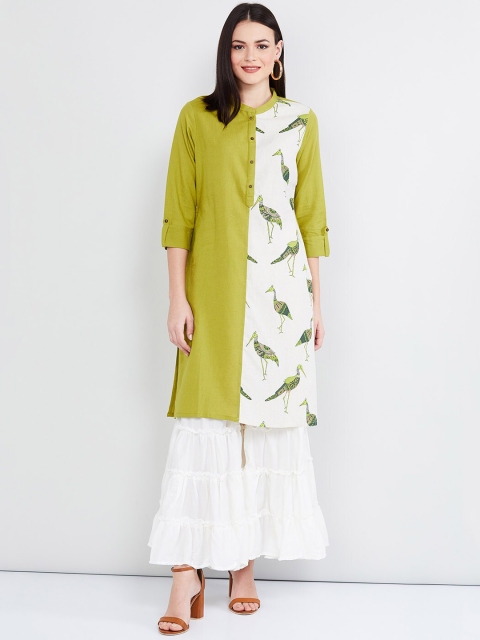 

max Women Lime Green & White Panelled Straight Kurta
