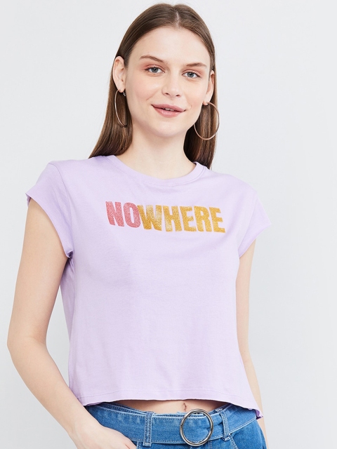 max Women Lavender Printed Round Neck T-shirt