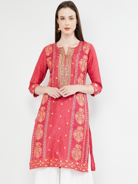 

max Women Pink & Gold Floral Print Straight Kurta
