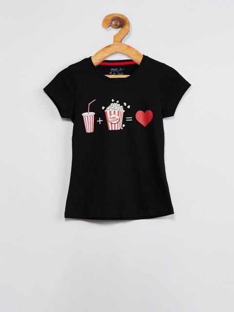 

max Girls Black Printed Round Neck T-shirt