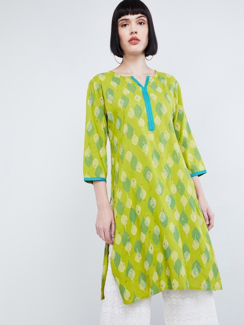 

max Women Lime Green Printed A-Line Kurta