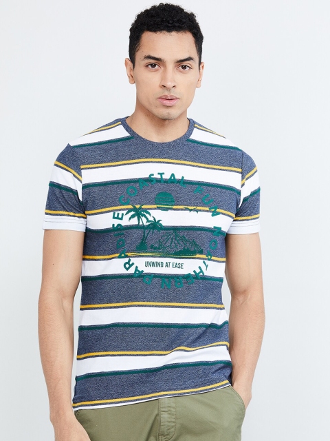 

max Men Blue Striped Round Neck T-shirt